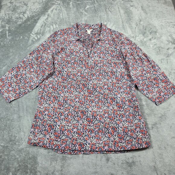 LL Bean Top Womens XL Blue Red Floral Popover 3/4 Roll Tab Sleeve Blouse - Picture 1 of 8